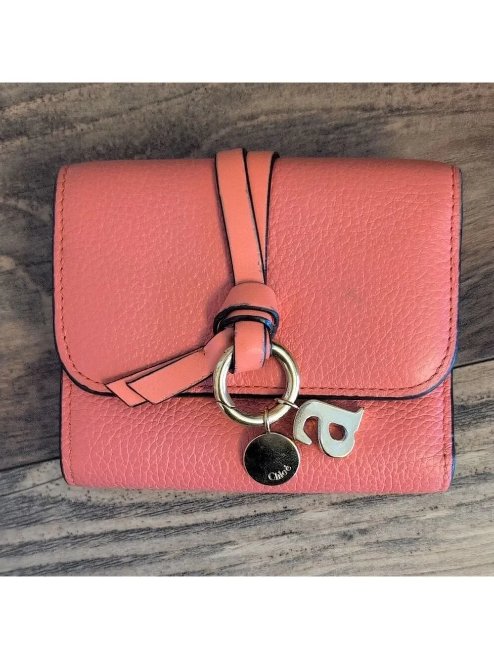 Chloe Italian Small Alphabet Tri Fold Grained Leather Wallet with Gold 